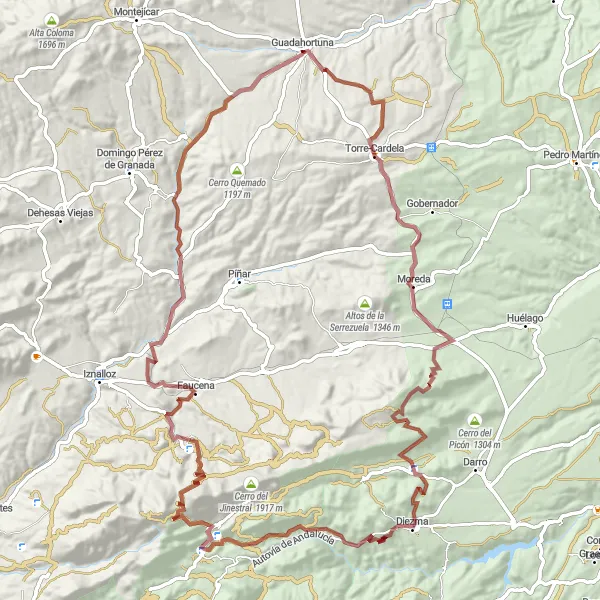 Miniatura della mappa di ispirazione al ciclismo "Esplorazione dei Monti di Guadahortuna" nella regione di Andalucía, Spain. Generata da Tarmacs.app, pianificatore di rotte ciclistiche