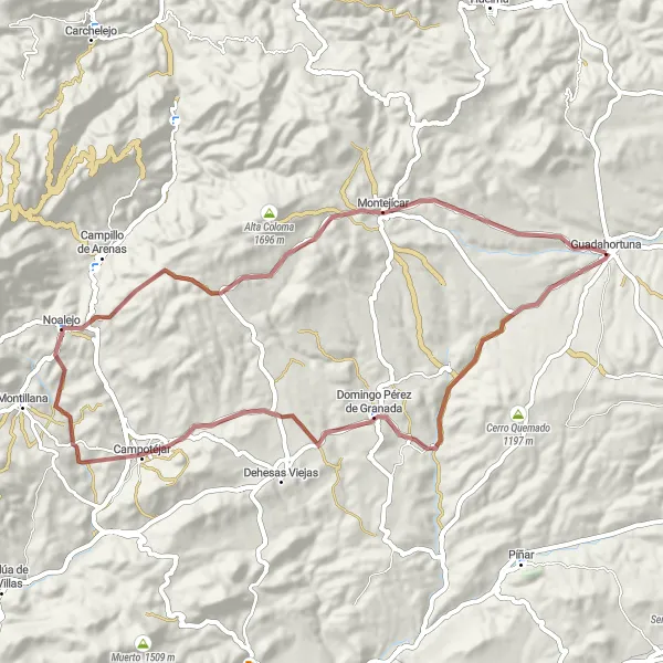 Miniatura della mappa di ispirazione al ciclismo "Esplorazione dei Villaggi Rurali" nella regione di Andalucía, Spain. Generata da Tarmacs.app, pianificatore di rotte ciclistiche