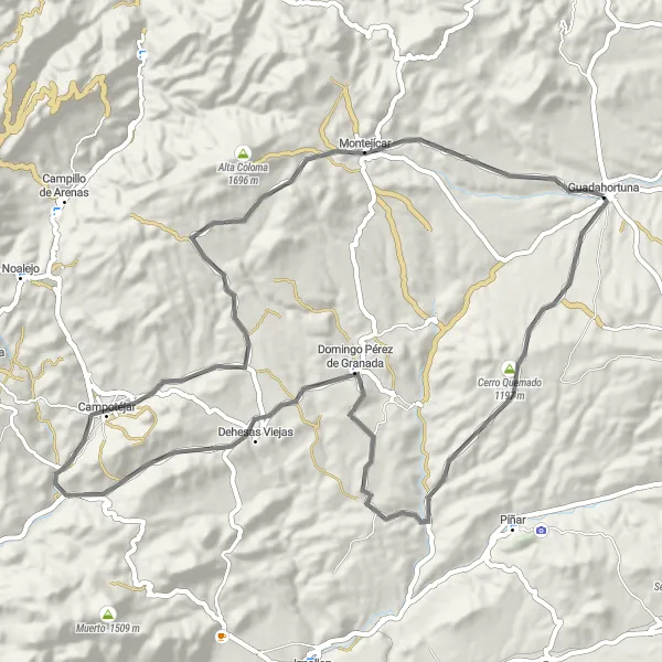 Miniatuurkaart van de fietsinspiratie "Verken de omgeving van Guadahortuna via Cerro de Quemado en Cerro de la Cruz" in Andalucía, Spain. Gemaakt door de Tarmacs.app fietsrouteplanner