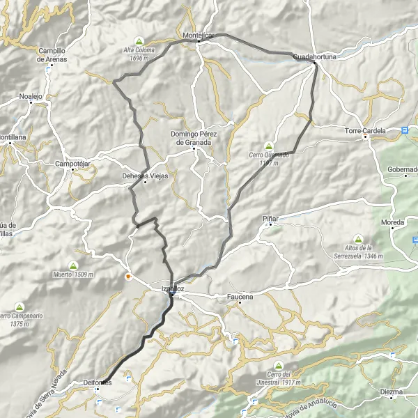 Miniatuurkaart van de fietsinspiratie "Wegroute naar Montejícar via Deifontes en Iznalloz" in Andalucía, Spain. Gemaakt door de Tarmacs.app fietsrouteplanner