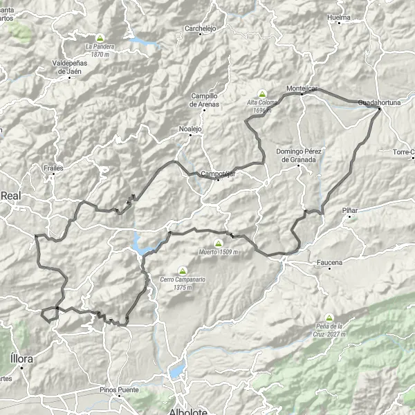 Karten-Miniaturansicht der Radinspiration "Herausfordernde Rundfahrt ab Guadahortuna" in Andalucía, Spain. Erstellt vom Tarmacs.app-Routenplaner für Radtouren