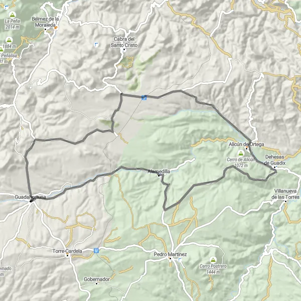 Miniatura della mappa di ispirazione al ciclismo "Tour de Guadahortuna" nella regione di Andalucía, Spain. Generata da Tarmacs.app, pianificatore di rotte ciclistiche