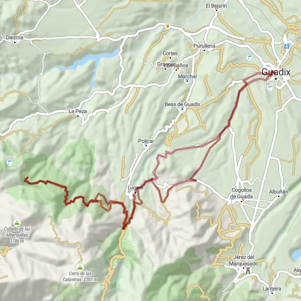 Miniatuurkaart van de fietsinspiratie "Avontuurlijke gravelrit naar de Alcazaba de Guadix" in Andalucía, Spain. Gemaakt door de Tarmacs.app fietsrouteplanner