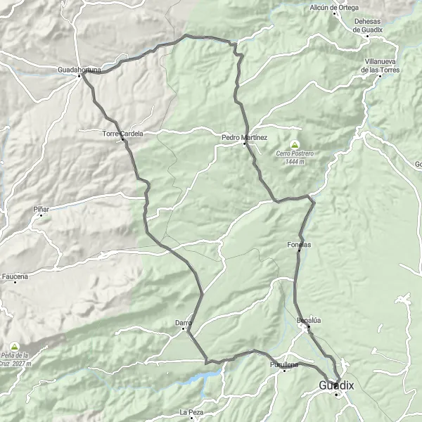 Miniature de la carte de l'inspiration cycliste "Boucle route spectaculaire autour de Guadix" dans la Andalucía, Spain. Générée par le planificateur d'itinéraire cycliste Tarmacs.app