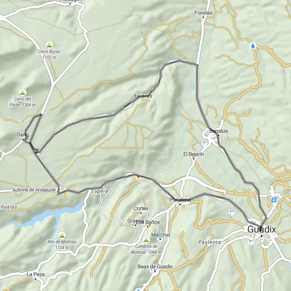 Map miniature of "Guadix to Mirador de Las Cuevas" cycling inspiration in Andalucía, Spain. Generated by Tarmacs.app cycling route planner