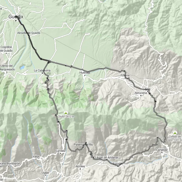 Miniature de la carte de l'inspiration cycliste "Défi des Montagnes Andalouses" dans la Andalucía, Spain. Générée par le planificateur d'itinéraire cycliste Tarmacs.app