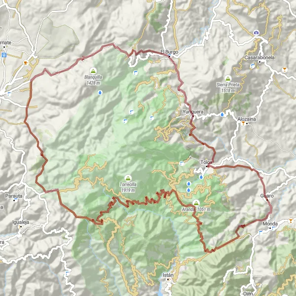 Miniatura della mappa di ispirazione al ciclismo "Tour delle Montagne di Guaro" nella regione di Andalucía, Spain. Generata da Tarmacs.app, pianificatore di rotte ciclistiche