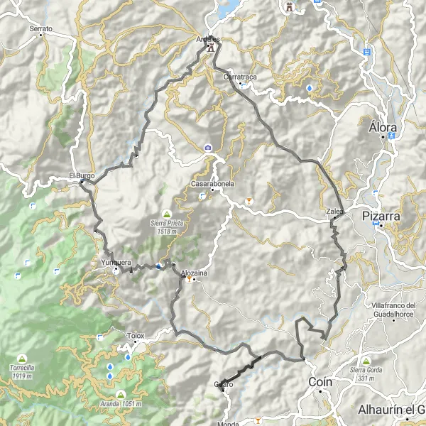 Miniaturní mapa "Úschvatná cyklotrasa přes hory" inspirace pro cyklisty v oblasti Andalucía, Spain. Vytvořeno pomocí plánovače tras Tarmacs.app