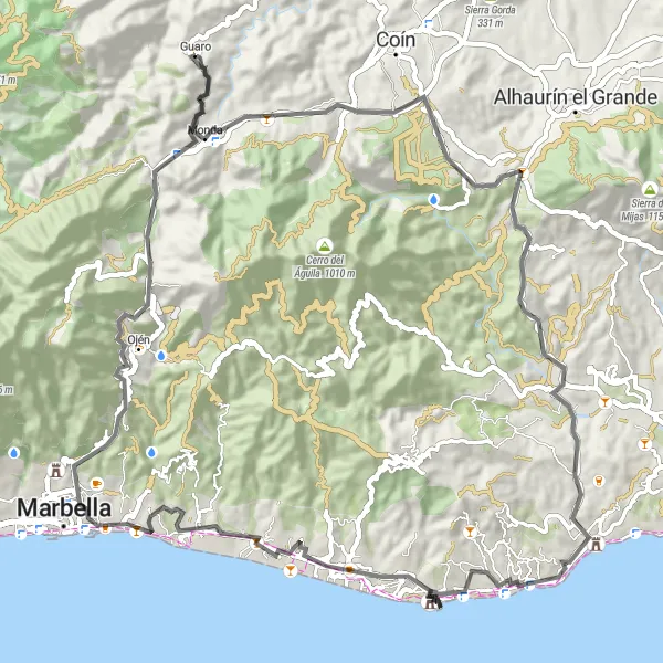 Miniatura della mappa di ispirazione al ciclismo "Tour Costiero da Guaro a Marbella" nella regione di Andalucía, Spain. Generata da Tarmacs.app, pianificatore di rotte ciclistiche