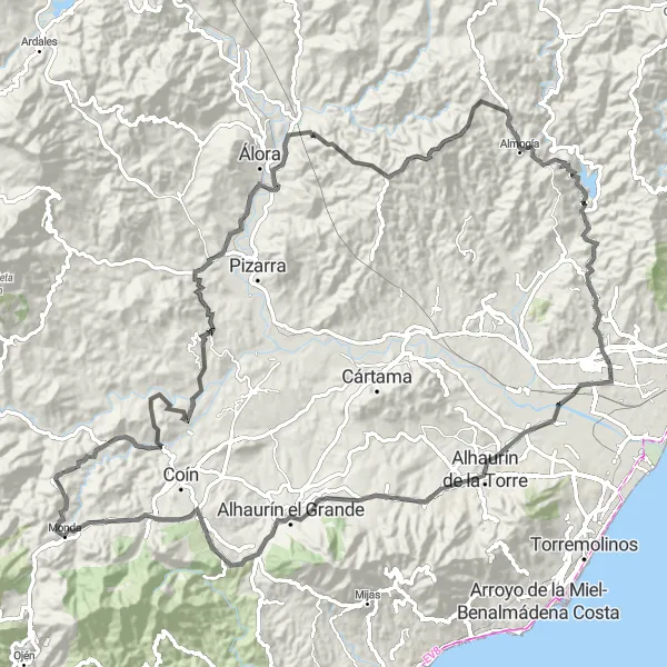 Miniatua del mapa de inspiración ciclista "Ruta de las Montañas de Málaga" en Andalucía, Spain. Generado por Tarmacs.app planificador de rutas ciclistas
