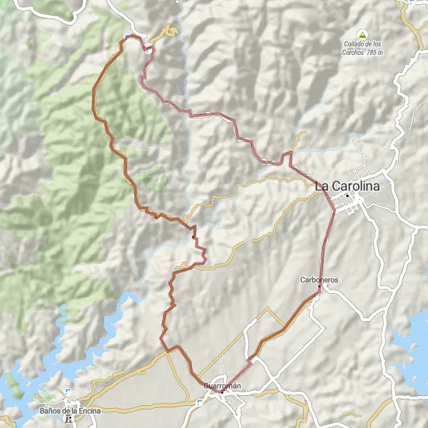 Miniaturní mapa "Gravelová cesta přes El Centenillo" inspirace pro cyklisty v oblasti Andalucía, Spain. Vytvořeno pomocí plánovače tras Tarmacs.app
