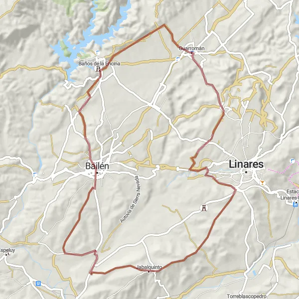 Miniatua del mapa de inspiración ciclista "Ruta Gravel Guarromán - Jabalquinto - Baños de la Encina" en Andalucía, Spain. Generado por Tarmacs.app planificador de rutas ciclistas