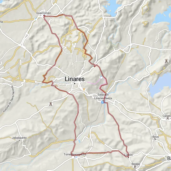 Miniature de la carte de l'inspiration cycliste "Les Chemins de Linares-Baeza" dans la Andalucía, Spain. Générée par le planificateur d'itinéraire cycliste Tarmacs.app
