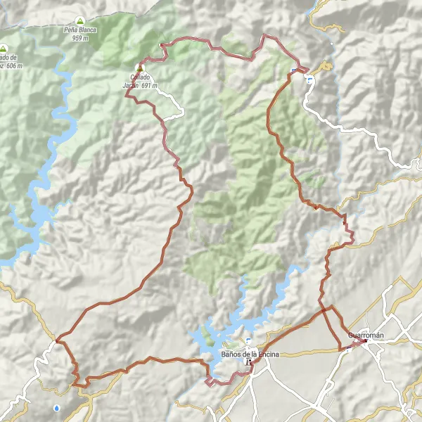 Miniatura della mappa di ispirazione al ciclismo "Gravel route to Mirador Cerro del Cueto" nella regione di Andalucía, Spain. Generata da Tarmacs.app, pianificatore di rotte ciclistiche