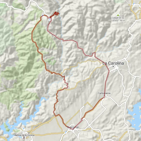Miniature de la carte de l'inspiration cycliste "Les Montagnes de Guarromán-El Centenillo-Carboneros" dans la Andalucía, Spain. Générée par le planificateur d'itinéraire cycliste Tarmacs.app