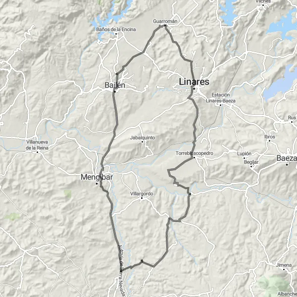 Miniatua del mapa de inspiración ciclista "Ruta Road Guarromán - Bailén - Mengíbar" en Andalucía, Spain. Generado por Tarmacs.app planificador de rutas ciclistas