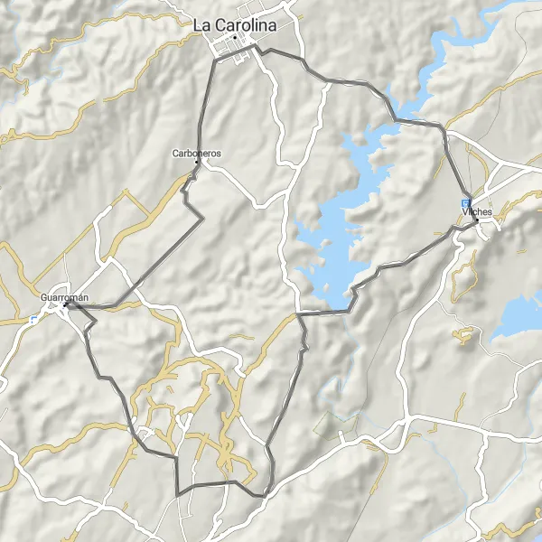 Miniatura della mappa di ispirazione al ciclismo "Viaggio attraverso i Borghi di Andalucía" nella regione di Andalucía, Spain. Generata da Tarmacs.app, pianificatore di rotte ciclistiche