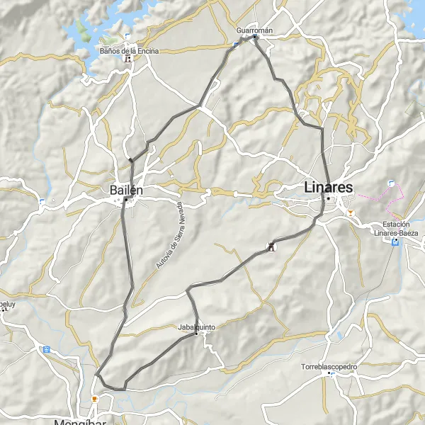 Miniatura della mappa di ispirazione al ciclismo "Ciclismo su strada attraverso Linares e Bailén" nella regione di Andalucía, Spain. Generata da Tarmacs.app, pianificatore di rotte ciclistiche