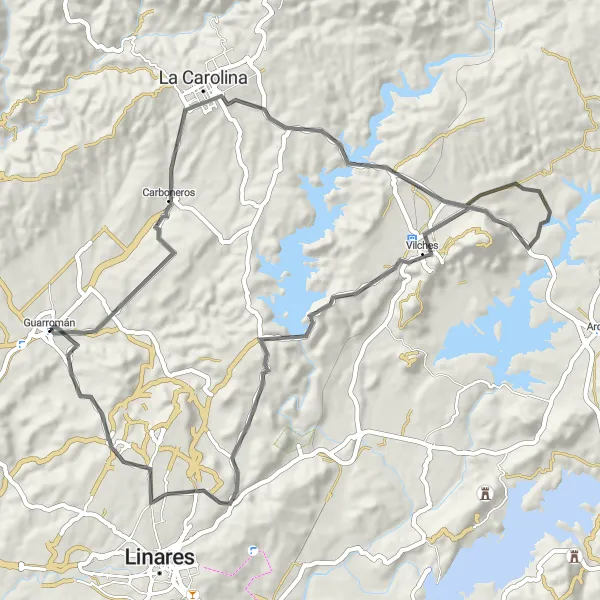 Miniature de la carte de l'inspiration cycliste "Les collines de Jaén" dans la Andalucía, Spain. Générée par le planificateur d'itinéraire cycliste Tarmacs.app