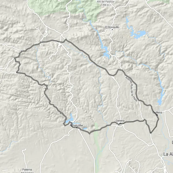 Miniatua del mapa de inspiración ciclista "Recorrido de 107km en carretera con impresionantes paisajes" en Andalucía, Spain. Generado por Tarmacs.app planificador de rutas ciclistas