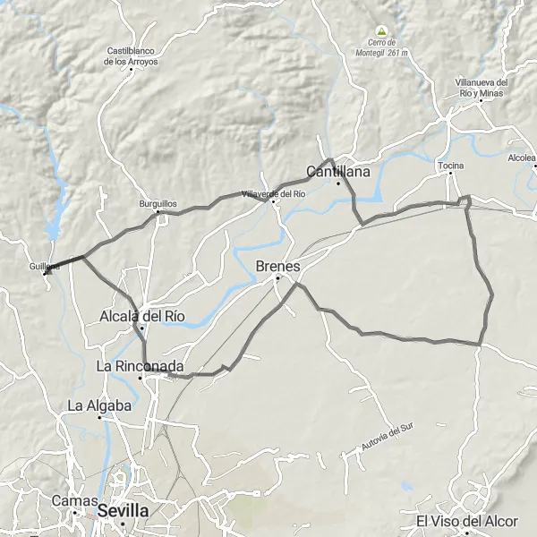 Miniatuurkaart van de fietsinspiratie "Wegroute naar Burguillos en Cantillana" in Andalucía, Spain. Gemaakt door de Tarmacs.app fietsrouteplanner