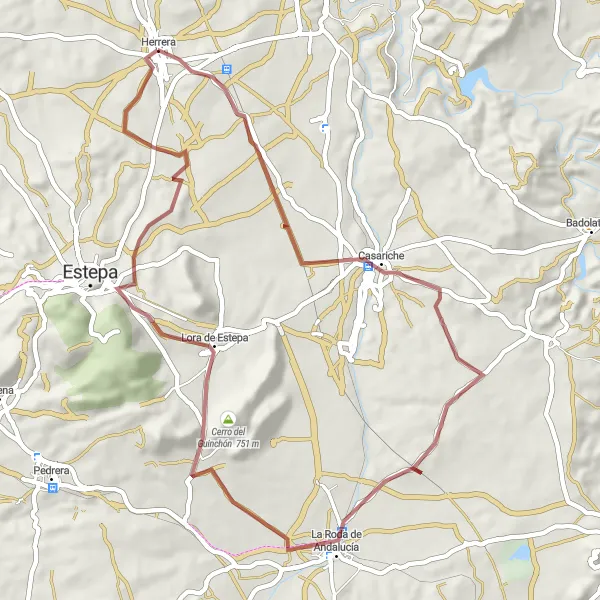 Miniatura della mappa di ispirazione al ciclismo "Escursione in bicicletta tra Herrera e Lora de Estepa" nella regione di Andalucía, Spain. Generata da Tarmacs.app, pianificatore di rotte ciclistiche