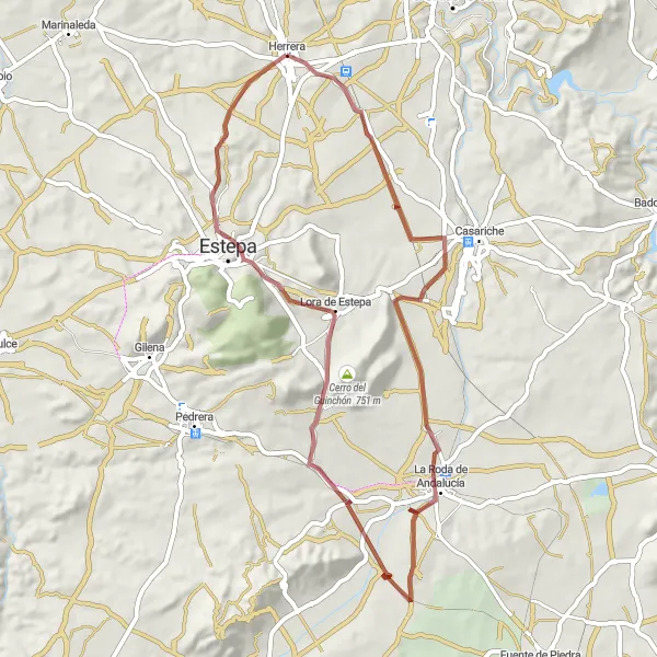 Miniatura della mappa di ispirazione al ciclismo "Natura e Cultura lungo La Roda de Andalucía" nella regione di Andalucía, Spain. Generata da Tarmacs.app, pianificatore di rotte ciclistiche