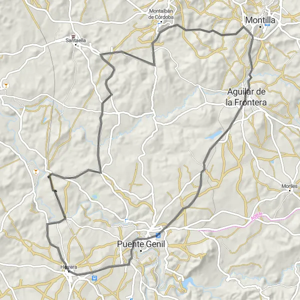 Miniatura della mappa di ispirazione al ciclismo "Giro in bicicletta da Herrera" nella regione di Andalucía, Spain. Generata da Tarmacs.app, pianificatore di rotte ciclistiche