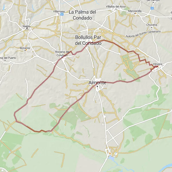 Miniatura della mappa di ispirazione al ciclismo "Giro in gravel da Hinojos a Bollullos Par del Condado" nella regione di Andalucía, Spain. Generata da Tarmacs.app, pianificatore di rotte ciclistiche