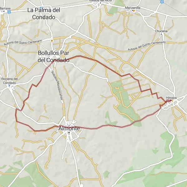 Miniatura della mappa di ispirazione al ciclismo "Giro in gravel da Hinojos a Bollullos Par del Condado" nella regione di Andalucía, Spain. Generata da Tarmacs.app, pianificatore di rotte ciclistiche