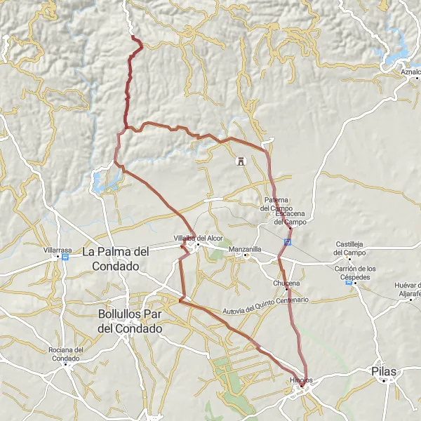 Miniatua del mapa de inspiración ciclista "Ruta de ciclismo gravel Hinojos - Chucena" en Andalucía, Spain. Generado por Tarmacs.app planificador de rutas ciclistas