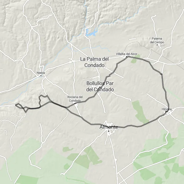 Miniatura della mappa di ispirazione al ciclismo "Esplorazione stradale da Almonte a Manzanilla" nella regione di Andalucía, Spain. Generata da Tarmacs.app, pianificatore di rotte ciclistiche