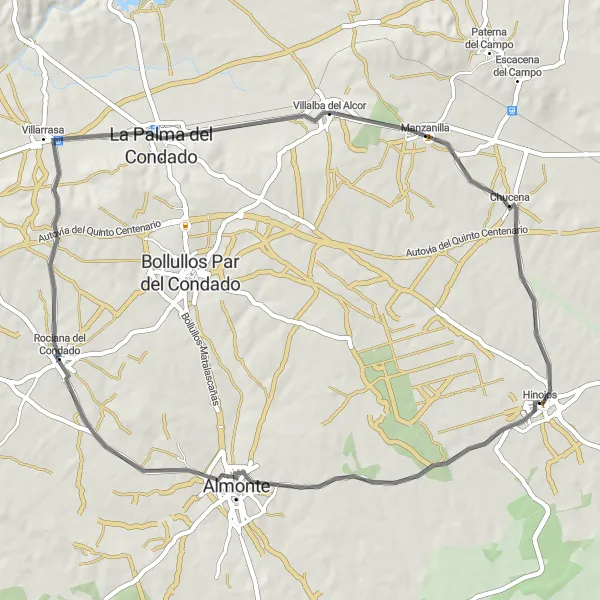 Map miniature of "Road Cycling Route to Manzanilla" cycling inspiration in Andalucía, Spain. Generated by Tarmacs.app cycling route planner