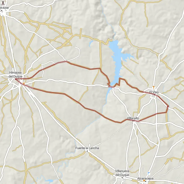 Miniatuurkaart van de fietsinspiratie "Graveltocht door het landelijke Andalucía vanaf Hinojosa del Duque" in Andalucía, Spain. Gemaakt door de Tarmacs.app fietsrouteplanner