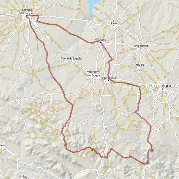 Miniatuurkaart van de fietsinspiratie "Gravelroute van 107 km rondom Hinojosa del Duque" in Andalucía, Spain. Gemaakt door de Tarmacs.app fietsrouteplanner