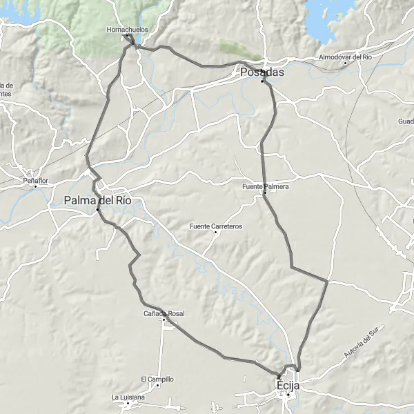 Miniatura della mappa di ispirazione al ciclismo "Ciclovia dei Castelli di Hornachuelos" nella regione di Andalucía, Spain. Generata da Tarmacs.app, pianificatore di rotte ciclistiche