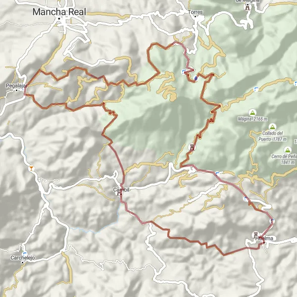 Miniatura della mappa di ispirazione al ciclismo "Giro in gravel da Huelma a Castillo de los Duques de Alburquerque" nella regione di Andalucía, Spain. Generata da Tarmacs.app, pianificatore di rotte ciclistiche