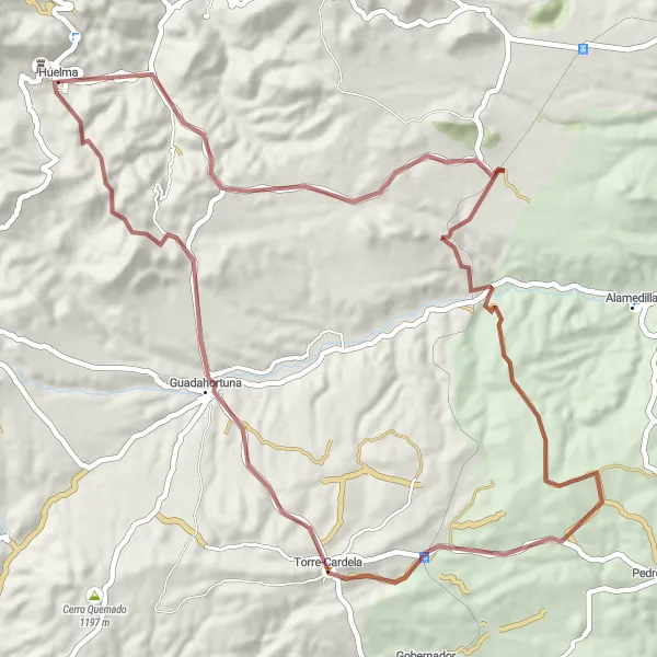 Miniaturní mapa "Cyklistická trasa po štěrku kolem Huelmy" inspirace pro cyklisty v oblasti Andalucía, Spain. Vytvořeno pomocí plánovače tras Tarmacs.app