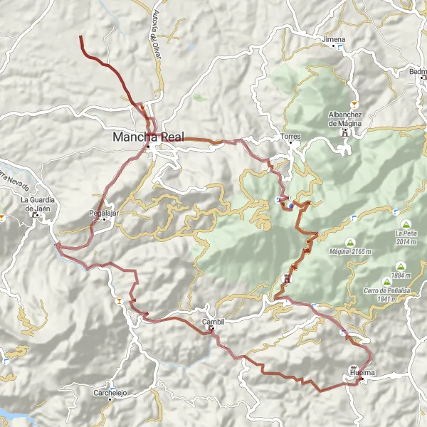 Miniaturní mapa "Gravel Trasa kolem Huelmy" inspirace pro cyklisty v oblasti Andalucía, Spain. Vytvořeno pomocí plánovače tras Tarmacs.app