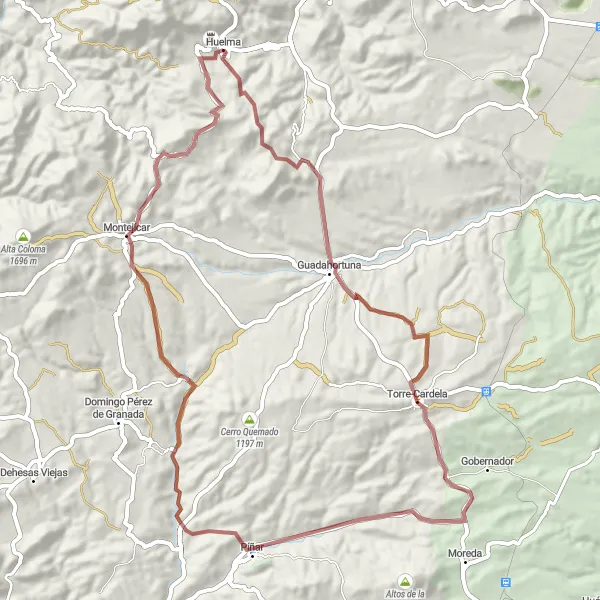 Miniatura della mappa di ispirazione al ciclismo "Tour in bicicletta alla scoperta dei tesori naturali vicino a Huelma" nella regione di Andalucía, Spain. Generata da Tarmacs.app, pianificatore di rotte ciclistiche