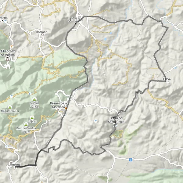 Miniatura mapy "Trasa szosowa przez Jódar i Castillo de los Duques de Alburquerque" - trasy rowerowej w Andalucía, Spain. Wygenerowane przez planer tras rowerowych Tarmacs.app