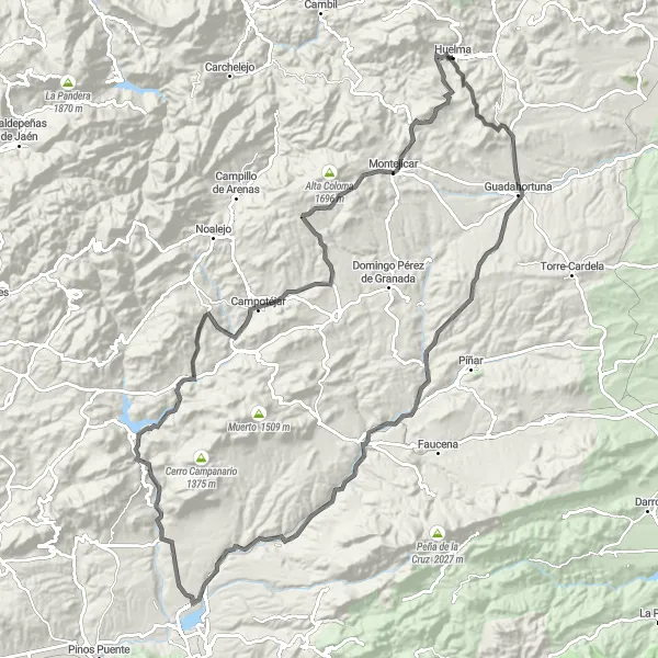 Miniaturekort af cykelinspirationen "Udfordrende landevejsrute fra Huelma til Montejícar" i Andalucía, Spain. Genereret af Tarmacs.app cykelruteplanlægger