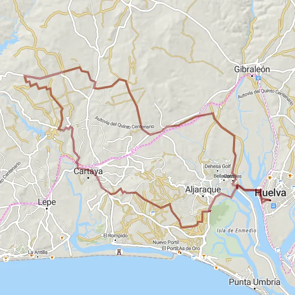 Miniatura della mappa di ispirazione al ciclismo "Itinerario gravel da Huelva a Corrales" nella regione di Andalucía, Spain. Generata da Tarmacs.app, pianificatore di rotte ciclistiche