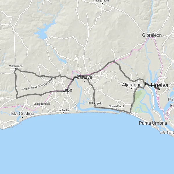 Miniatura della mappa di ispirazione al ciclismo "Cicloturismo da Huelva a La palmera" nella regione di Andalucía, Spain. Generata da Tarmacs.app, pianificatore di rotte ciclistiche