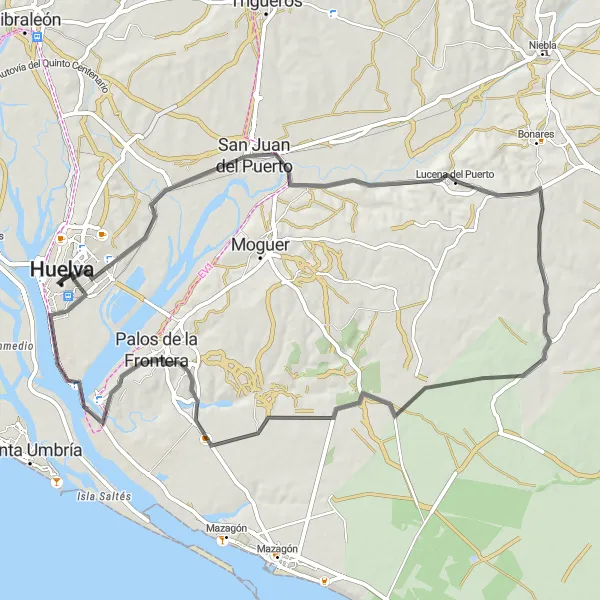 Map miniature of "Huelva - Palos de la Frontera" cycling inspiration in Andalucía, Spain. Generated by Tarmacs.app cycling route planner