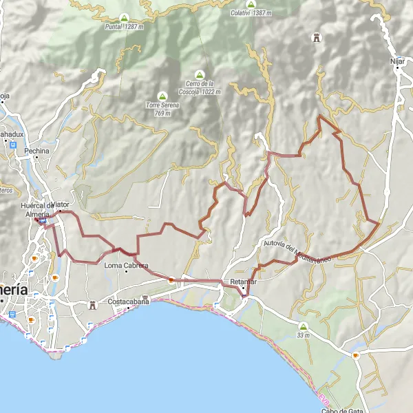 Miniaturní mapa "Gravelová trasa k Mirador del cerro del Calvario" inspirace pro cyklisty v oblasti Andalucía, Spain. Vytvořeno pomocí plánovače tras Tarmacs.app