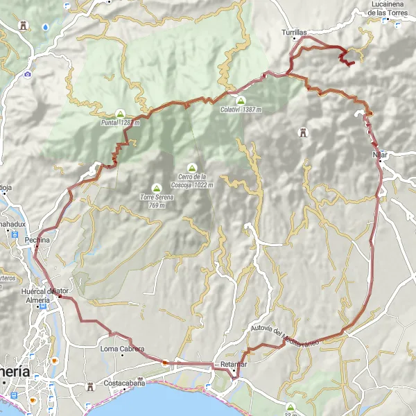 Miniaturní mapa "Gravelová trasa k Mirador del cerro del Calvario" inspirace pro cyklisty v oblasti Andalucía, Spain. Vytvořeno pomocí plánovače tras Tarmacs.app