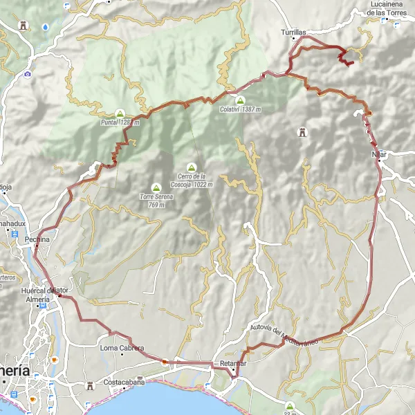 Miniatura della mappa di ispirazione al ciclismo "Avventura ciclistica attraverso Pechina e Níjar" nella regione di Andalucía, Spain. Generata da Tarmacs.app, pianificatore di rotte ciclistiche