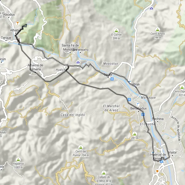 Miniatura della mappa di ispirazione al ciclismo "Giro in bicicletta da Huércal de Almería" nella regione di Andalucía, Spain. Generata da Tarmacs.app, pianificatore di rotte ciclistiche