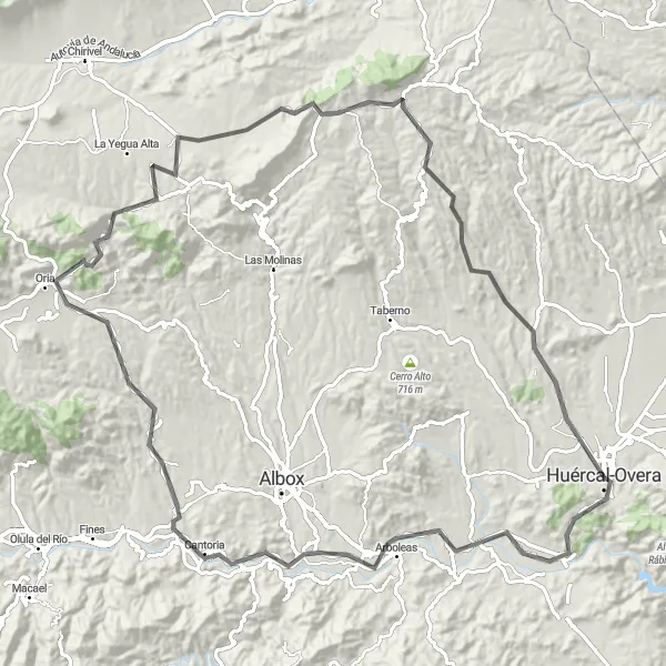 Map miniature of "The Almería Challenge: Arboleas to Oria" cycling inspiration in Andalucía, Spain. Generated by Tarmacs.app cycling route planner